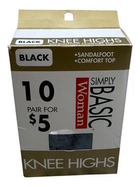Vintage 10 Pair Simply Basic Comfort Top Knee Highs Black Sandalfoot One Size